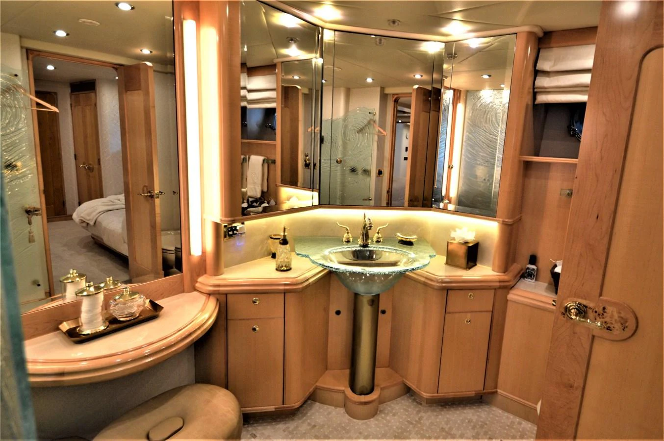 a bathroom with a sink and a mirror aboard MISS STEPHANIE Yacht for Sale