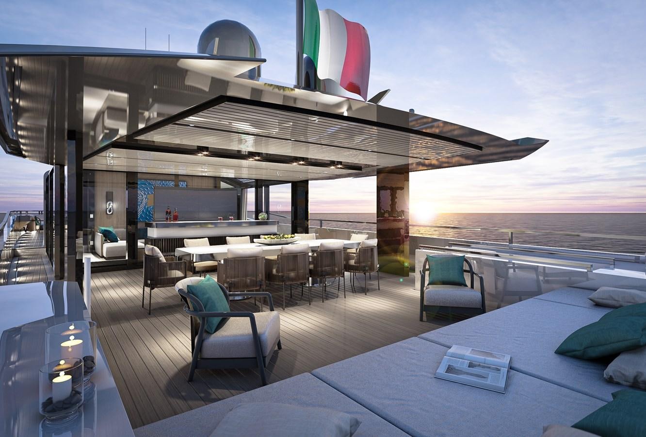 a large building with a large deck aboard ARCADIA 115/06 Yacht for Sale