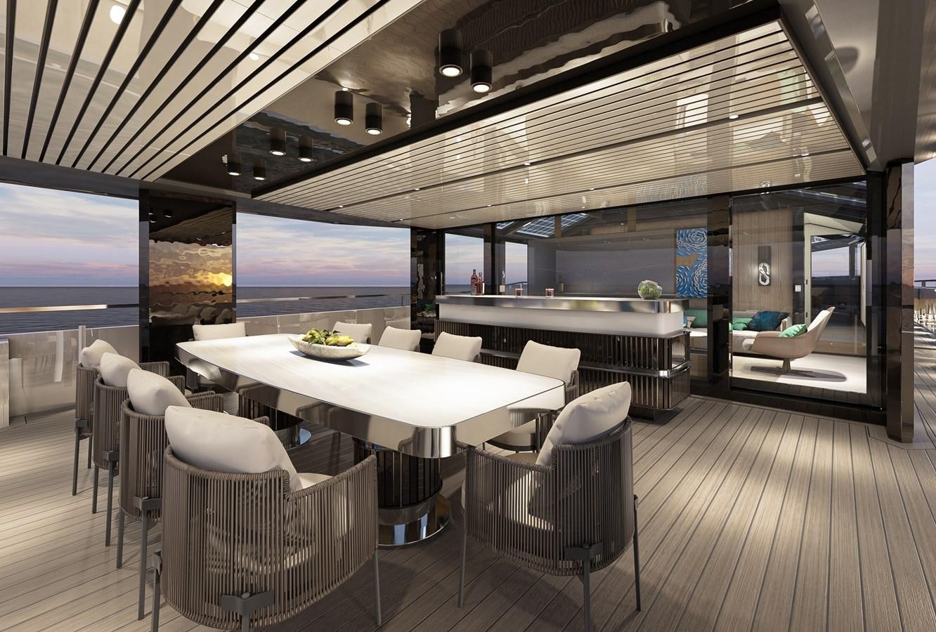 a room with a table chairs and a large window aboard ARCADIA 115/06 Yacht for Sale