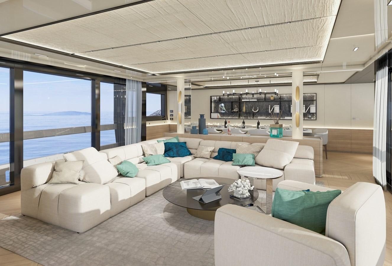 a living room with a large window aboard ARCADIA 115/06 Yacht for Sale