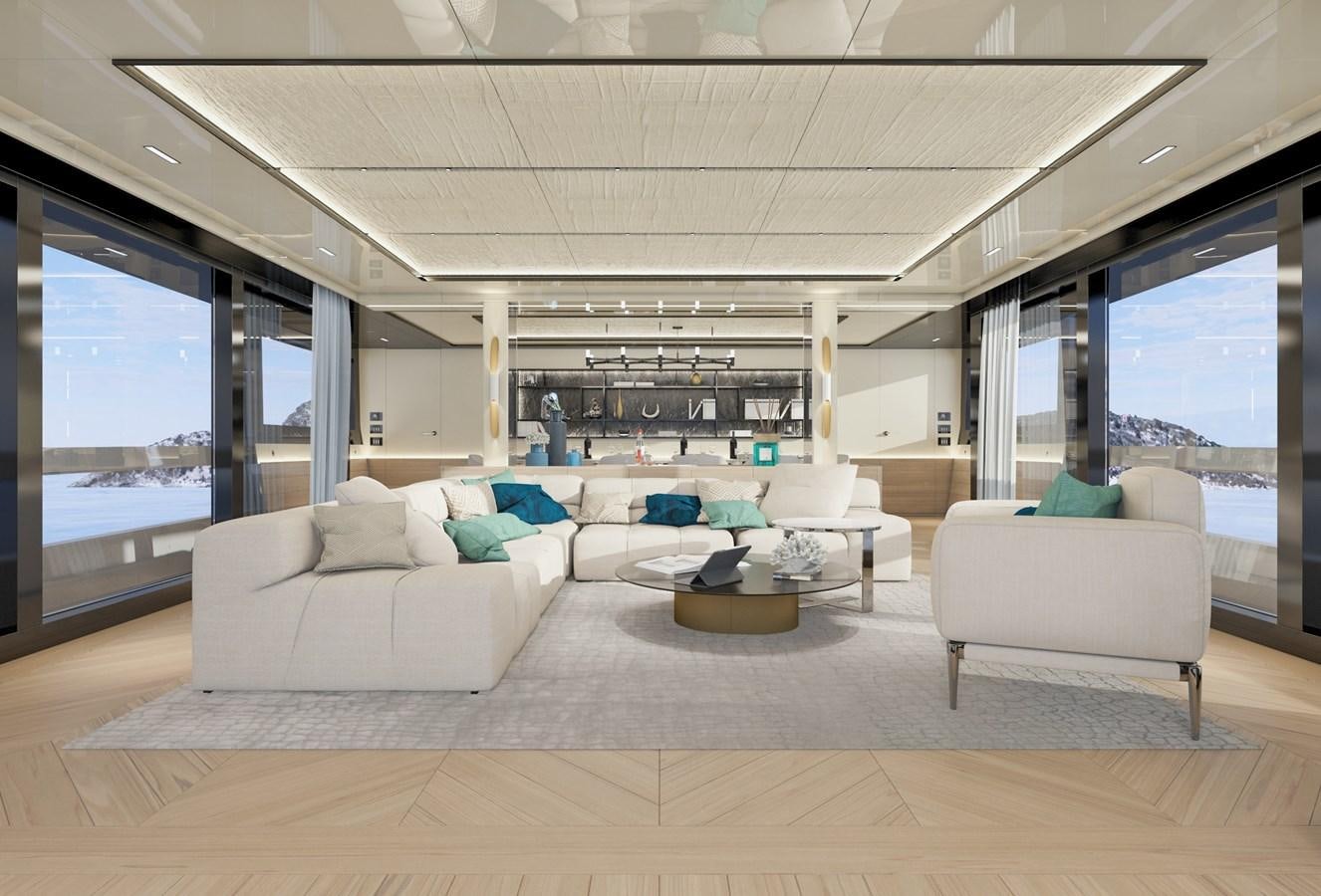 a large living room with a large window aboard ARCADIA 115/06 Yacht for Sale