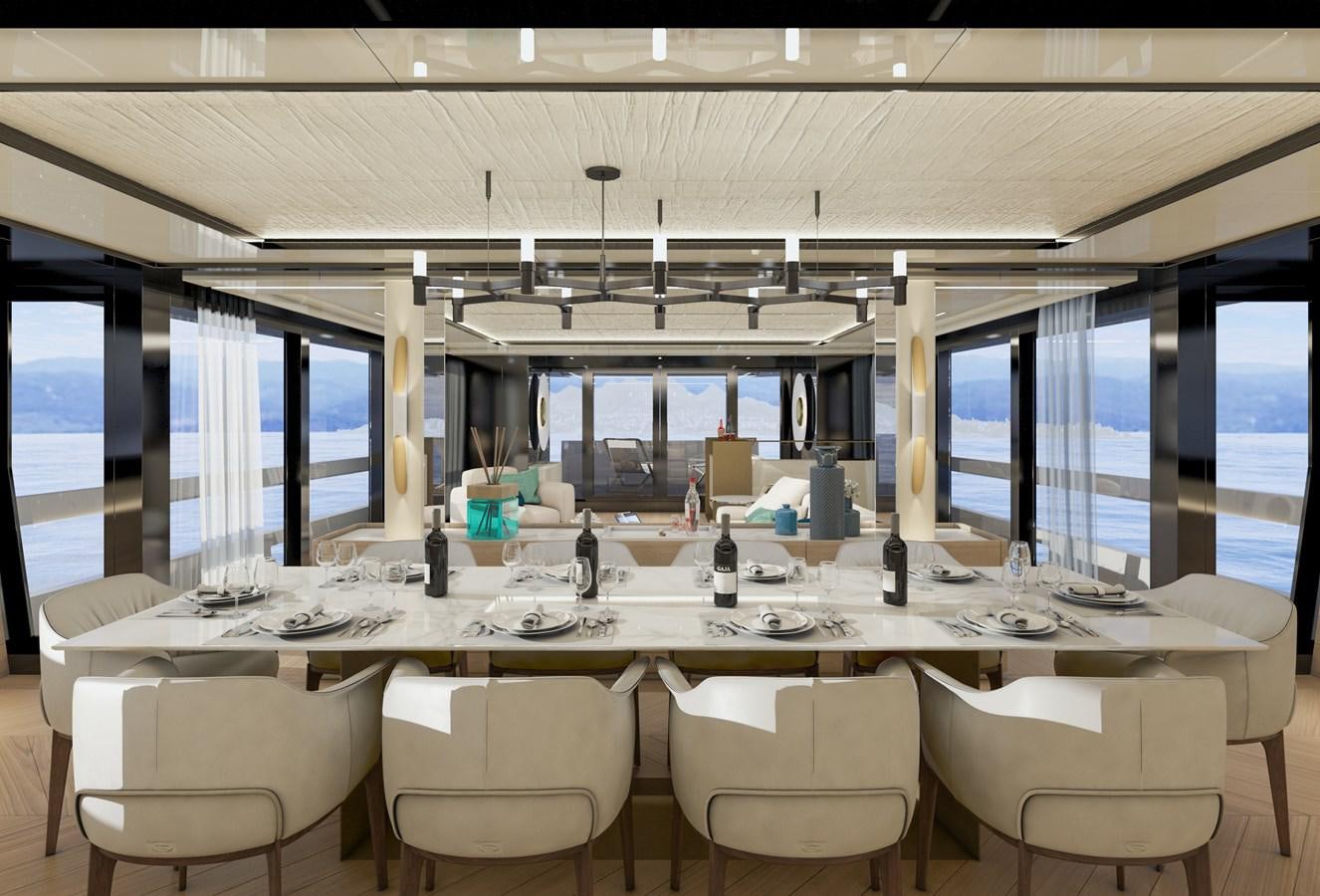 a large white table with chairs aboard ARCADIA 115/06 Yacht for Sale