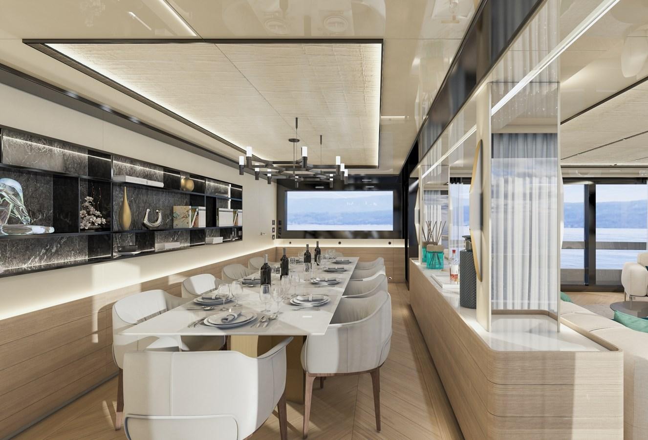 a room with a table and chairs aboard ARCADIA 115/06 Yacht for Sale