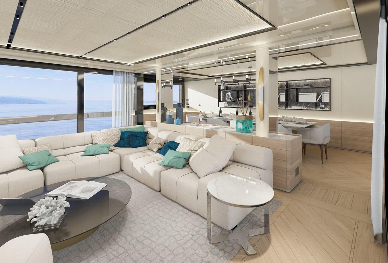a living room with a large window aboard ARCADIA 115/06 Yacht for Sale