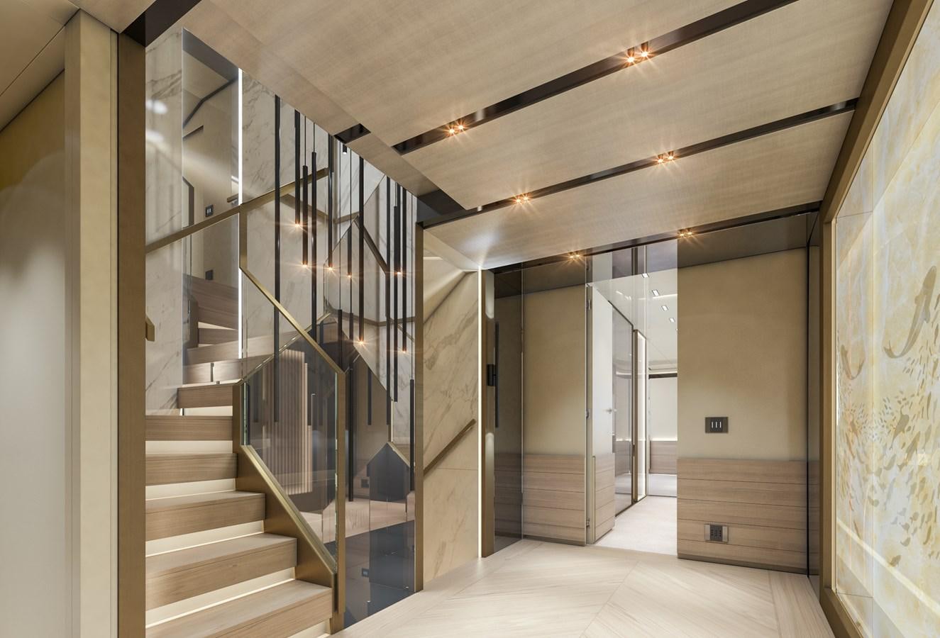 a hallway with a set of stairs aboard ARCADIA 115/06 Yacht for Sale