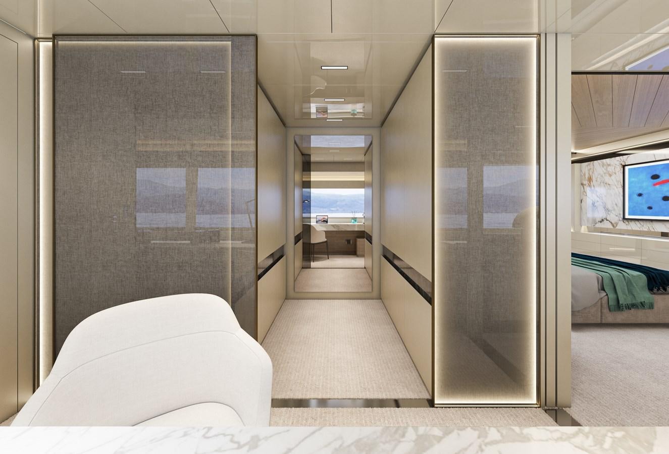 a room with a bed and a glass door aboard ARCADIA 115/06 Yacht for Sale