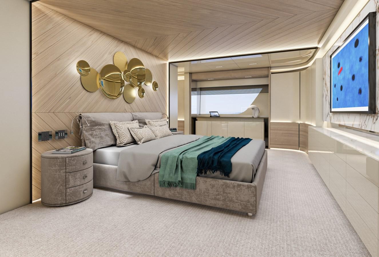 a bedroom with a bed and a large window aboard ARCADIA 115/06 Yacht for Sale