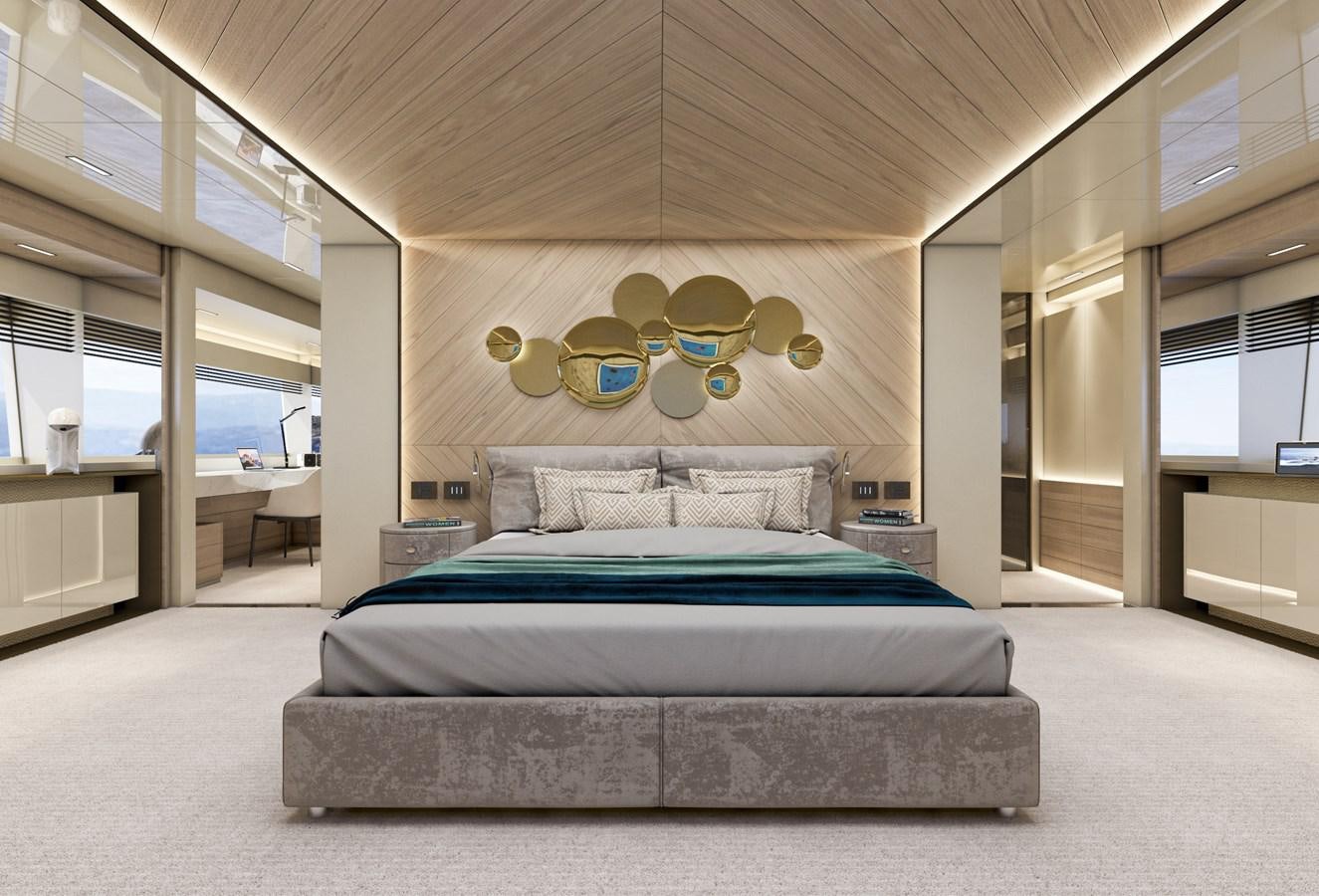 a large room with a bed and a large window aboard ARCADIA 115/06 Yacht for Sale