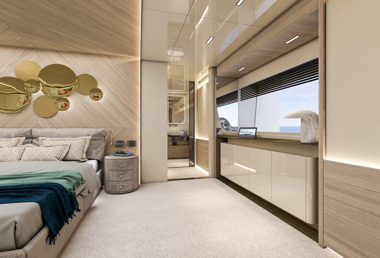 a bedroom with a bed and a large ceiling fan aboard ARCADIA 115/06 Yacht for Sale