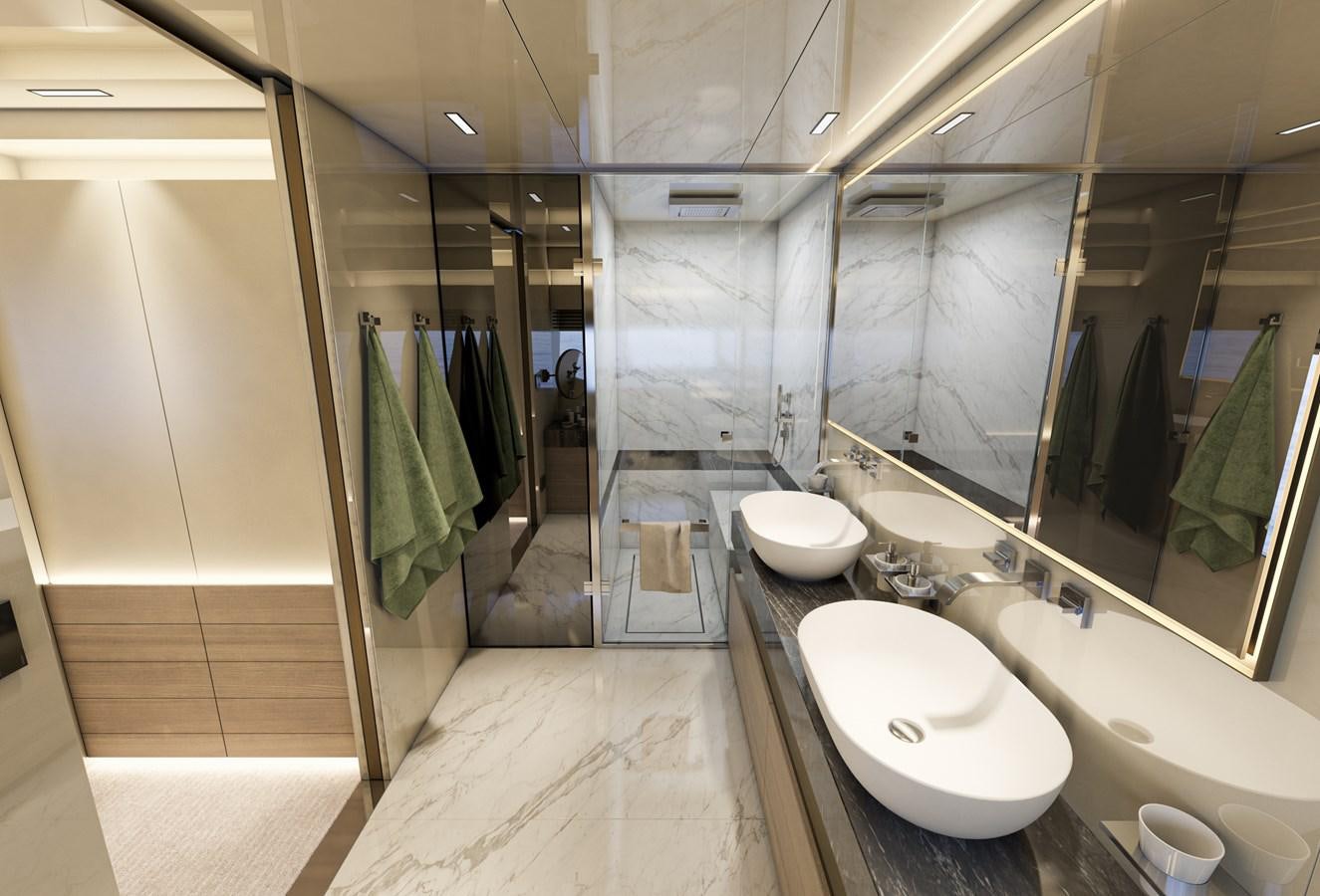 a bathroom with sinks and mirrors aboard ARCADIA 115/06 Yacht for Sale