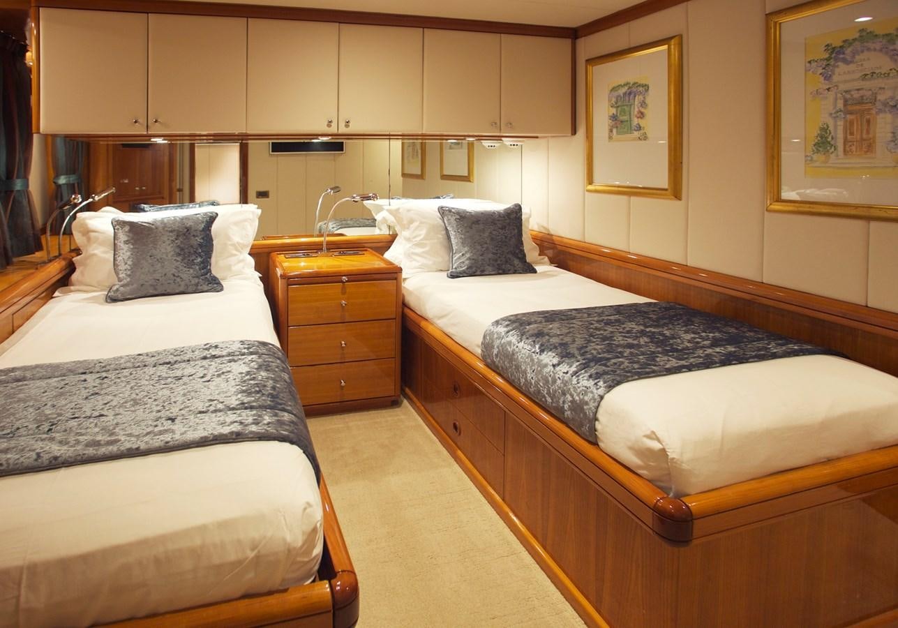 a room with a couple of beds aboard REE Yacht for Charter