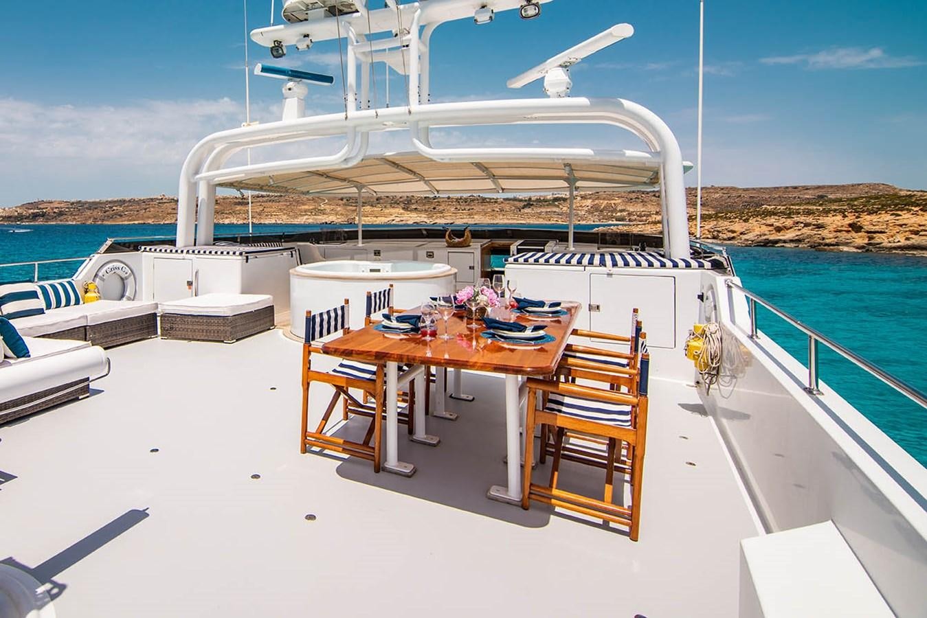a table and chairs on a boat aboard CRISS C Yacht for Sale