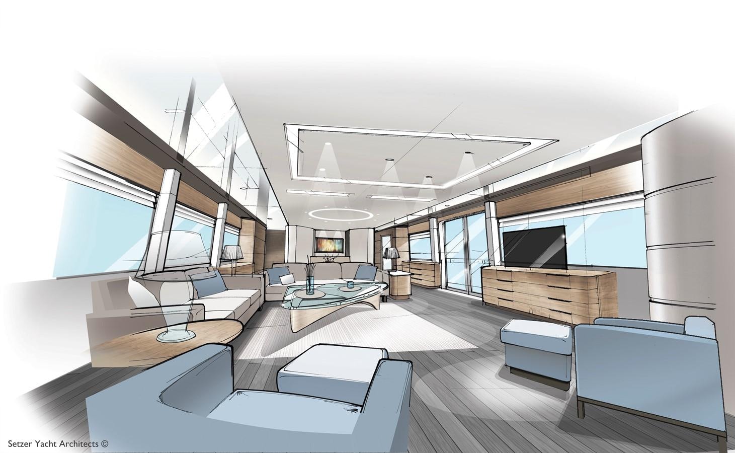 a room with a large window and a desk with computers on it aboard 3200 TRIDENT Yacht for Sale