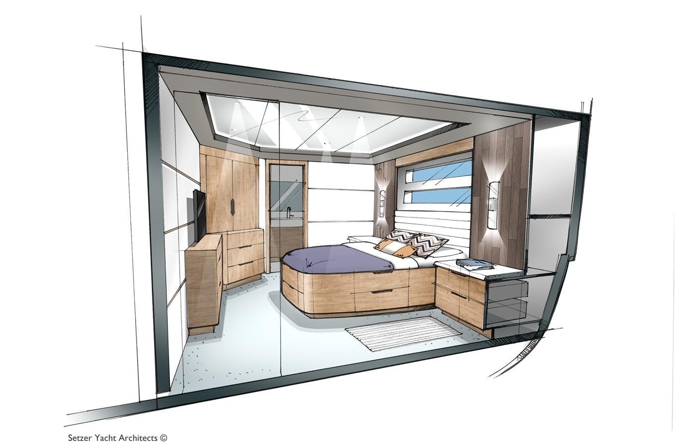 a room with a bed and a desk aboard 3200 TRIDENT Yacht for Sale