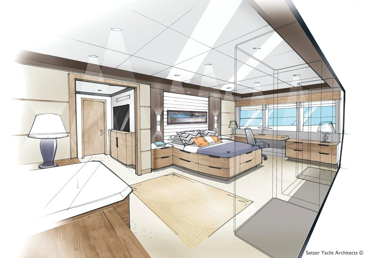 a bedroom with a bed and a mirror aboard 3200 TRIDENT Yacht for Sale