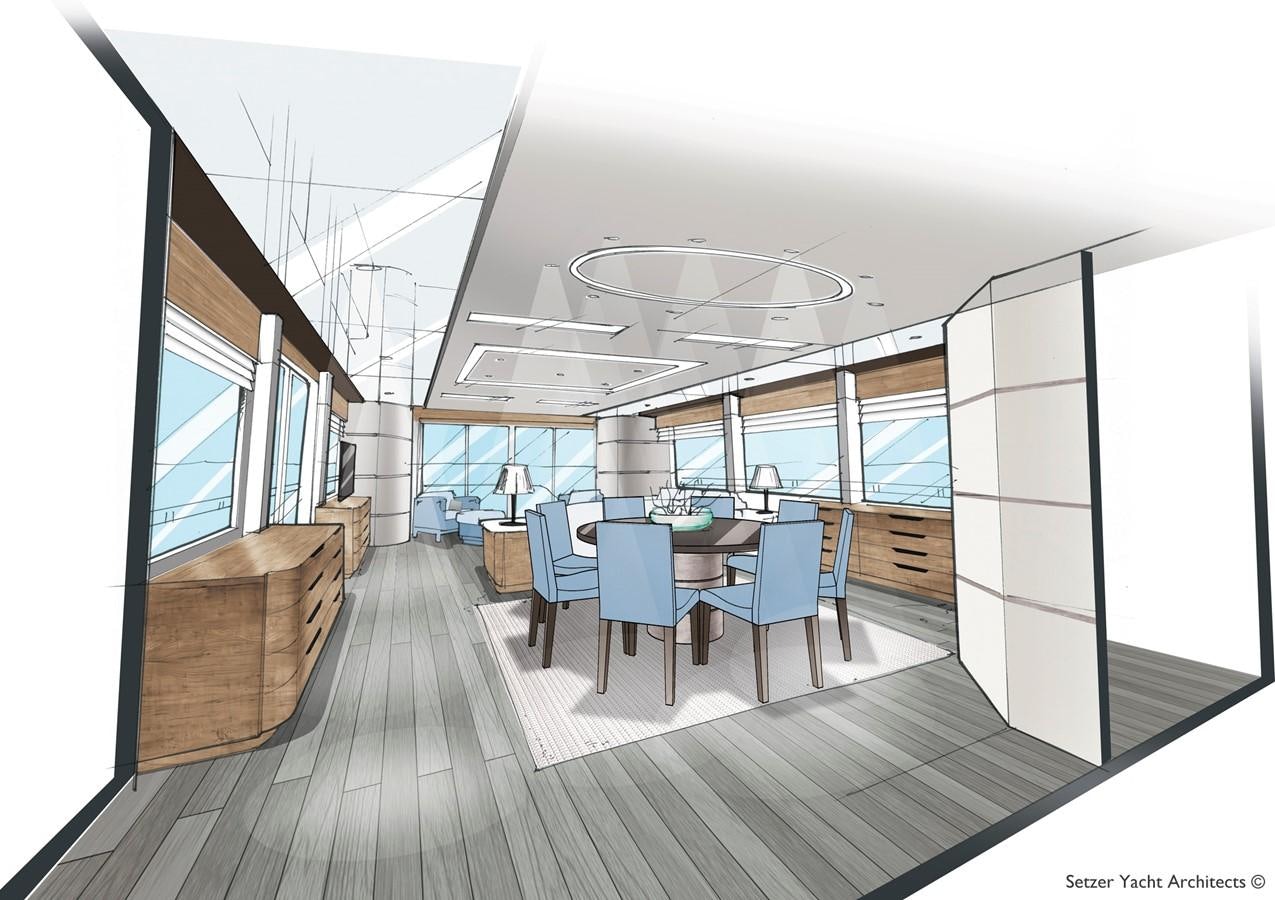 a long wood table and chairs in a room with a large window aboard 3200 TRIDENT Yacht for Sale