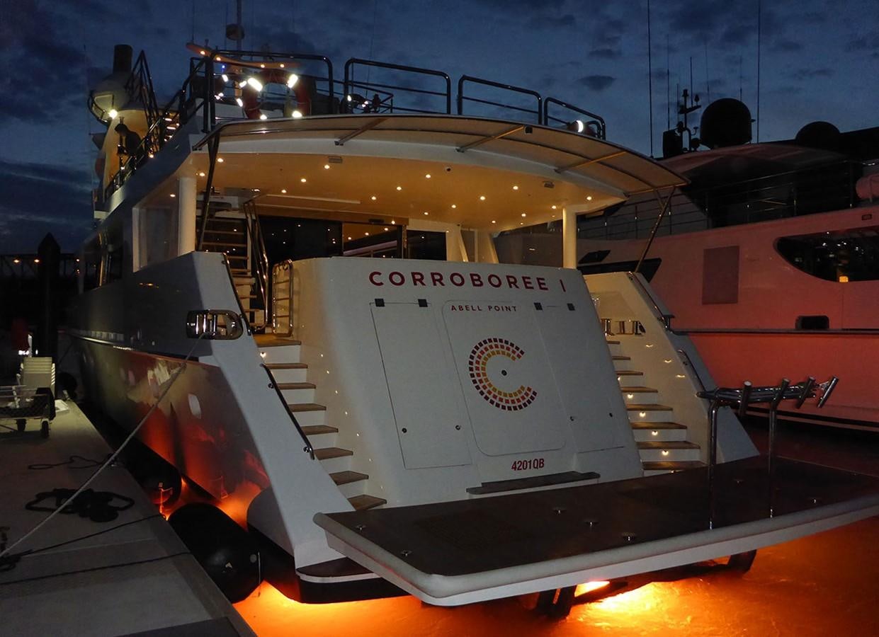 a large white boat on a boat aboard CORROBOREE Yacht for Sale