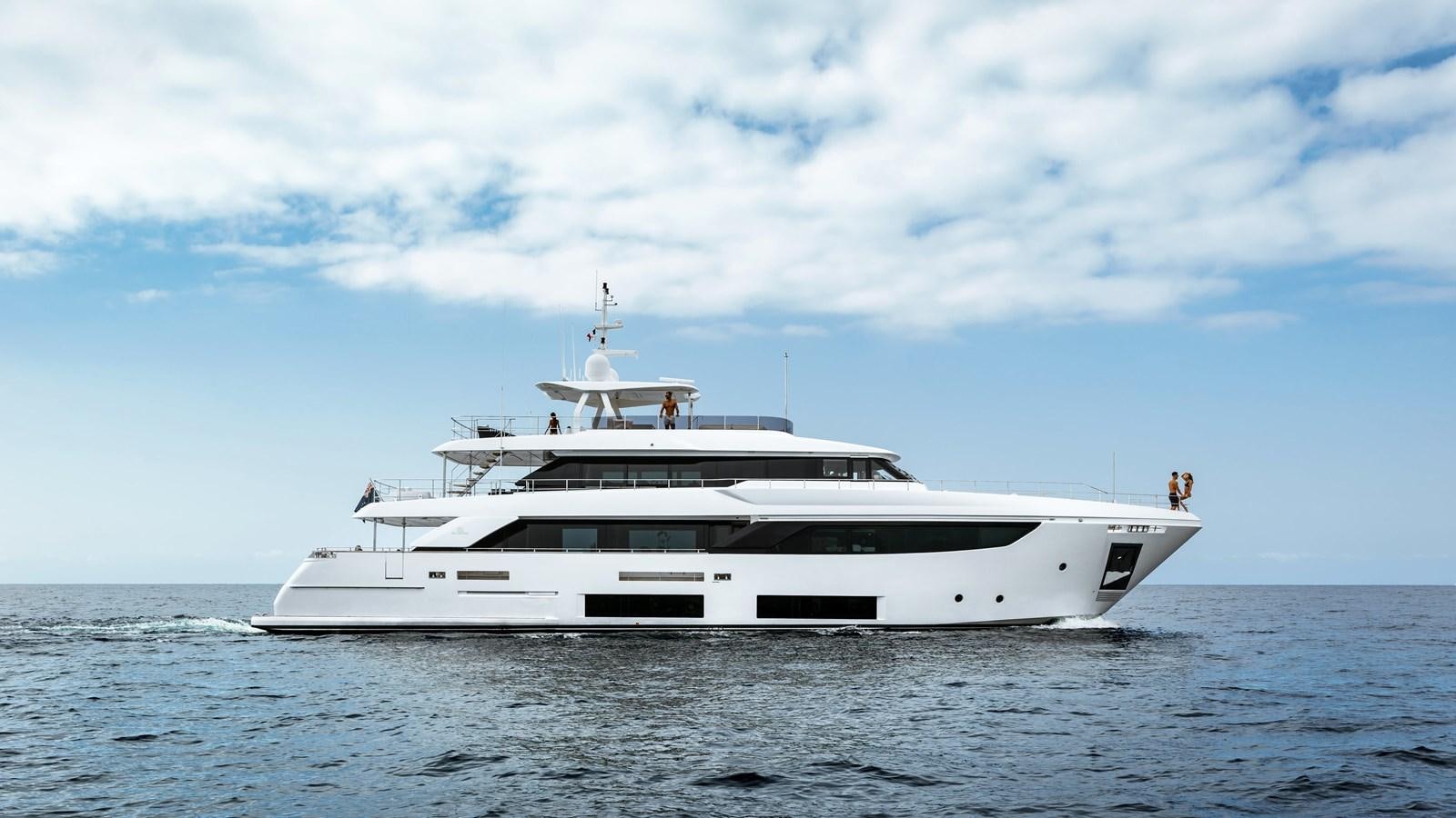 a white yacht in the water aboard DECEMBER SIX Yacht for Sale