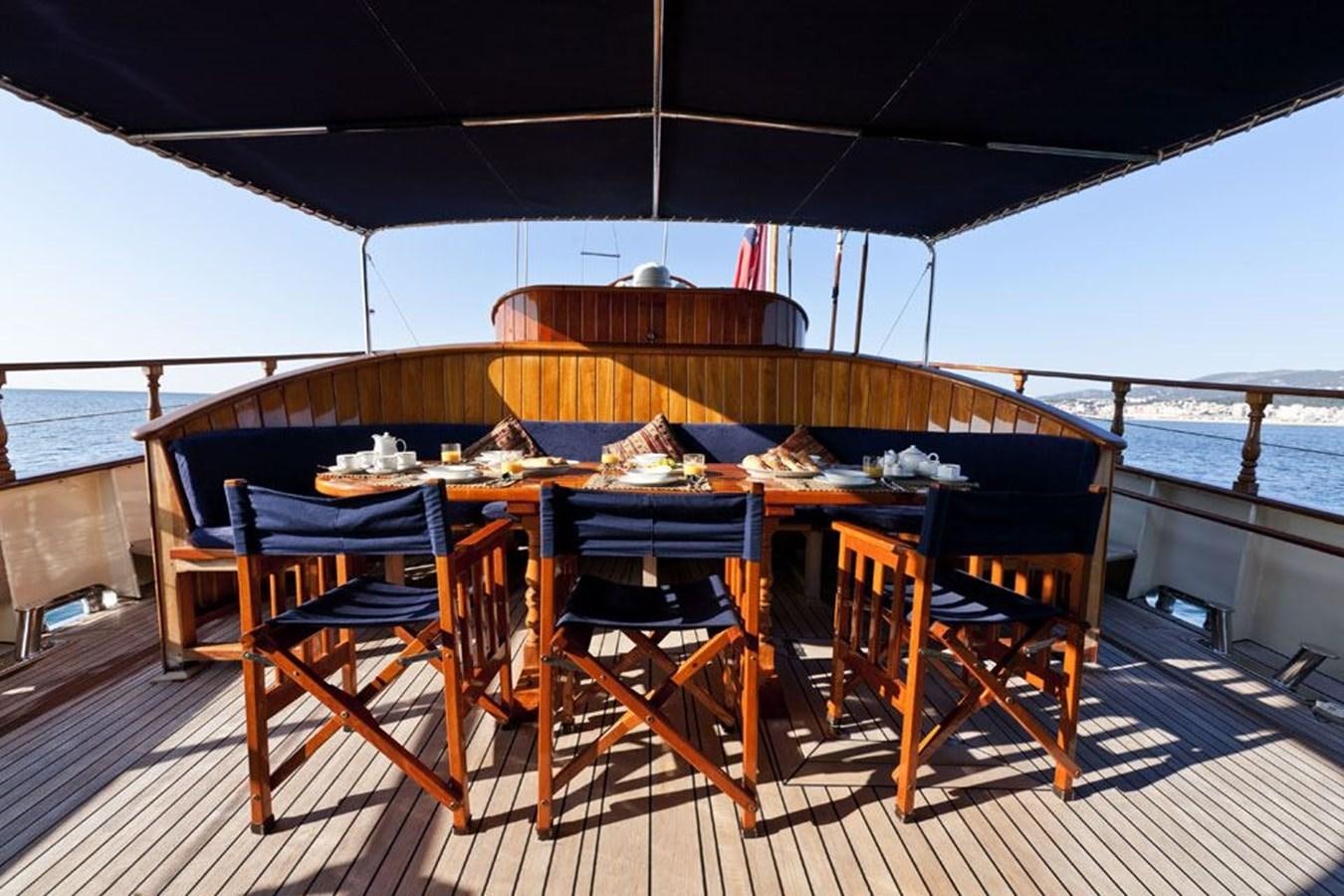 a table and chairs on a deck aboard TIGERLILY OF CORNWALL Yacht for Sale