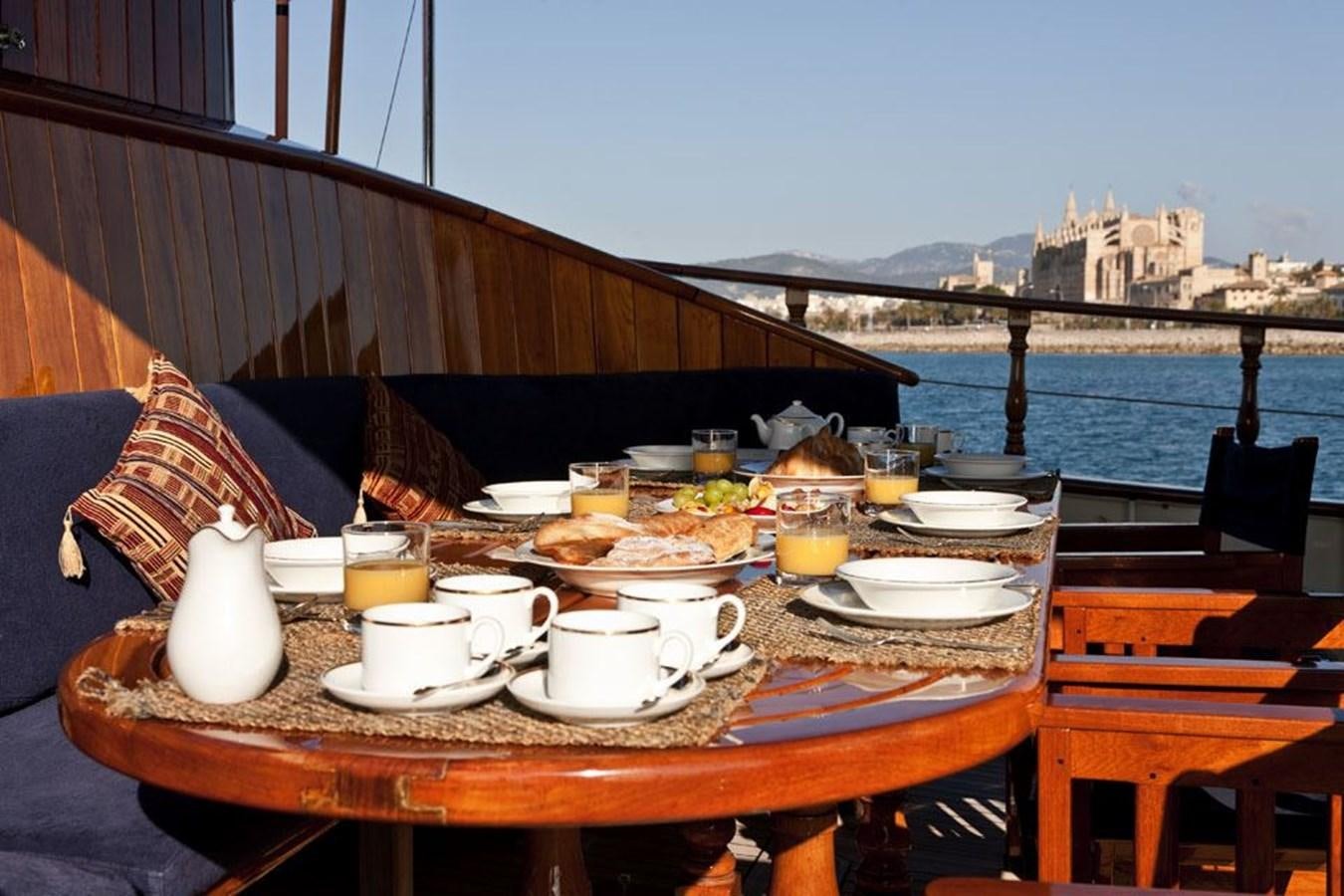 a table with food on it aboard TIGERLILY OF CORNWALL Yacht for Sale
