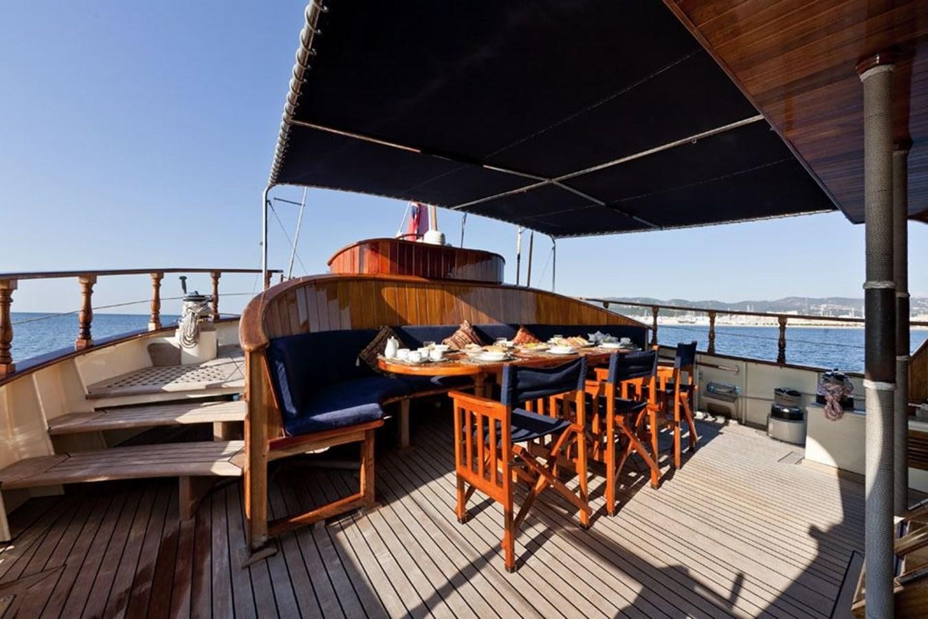 a deck with a table and chairs on it aboard TIGERLILY OF CORNWALL Yacht for Sale