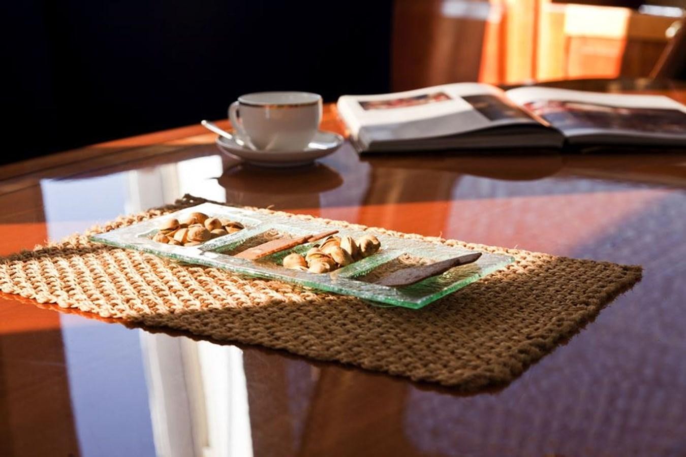 a plate of food and a cup of coffee on a table aboard TIGERLILY OF CORNWALL Yacht for Sale