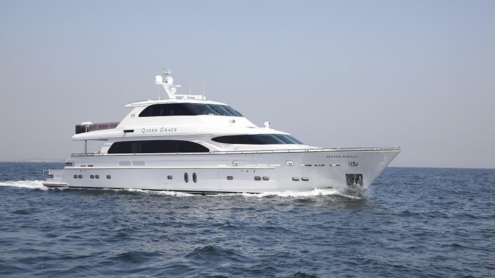 a white yacht in the water aboard QUEEN GRACE Yacht for Sale