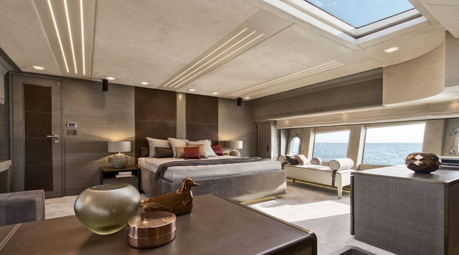 a large modern living room aboard MONTE CARLO YACHTS MCY 105 Yacht for Sale