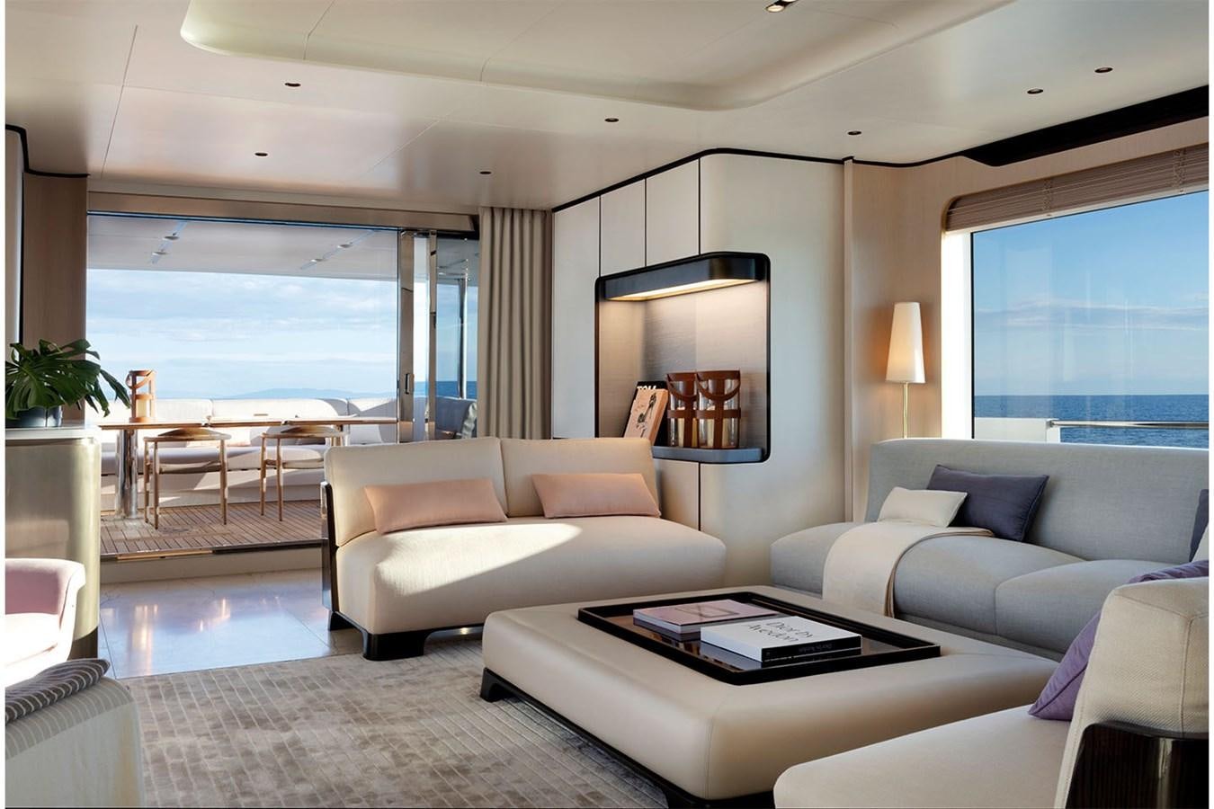 a living room with a large window aboard ALBA Yacht for Sale