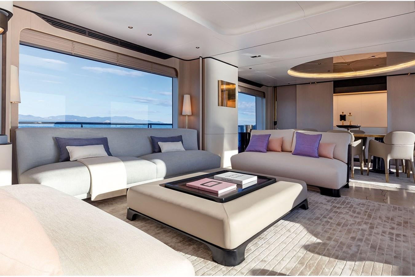 a modern looking living room aboard ALBA Yacht for Sale