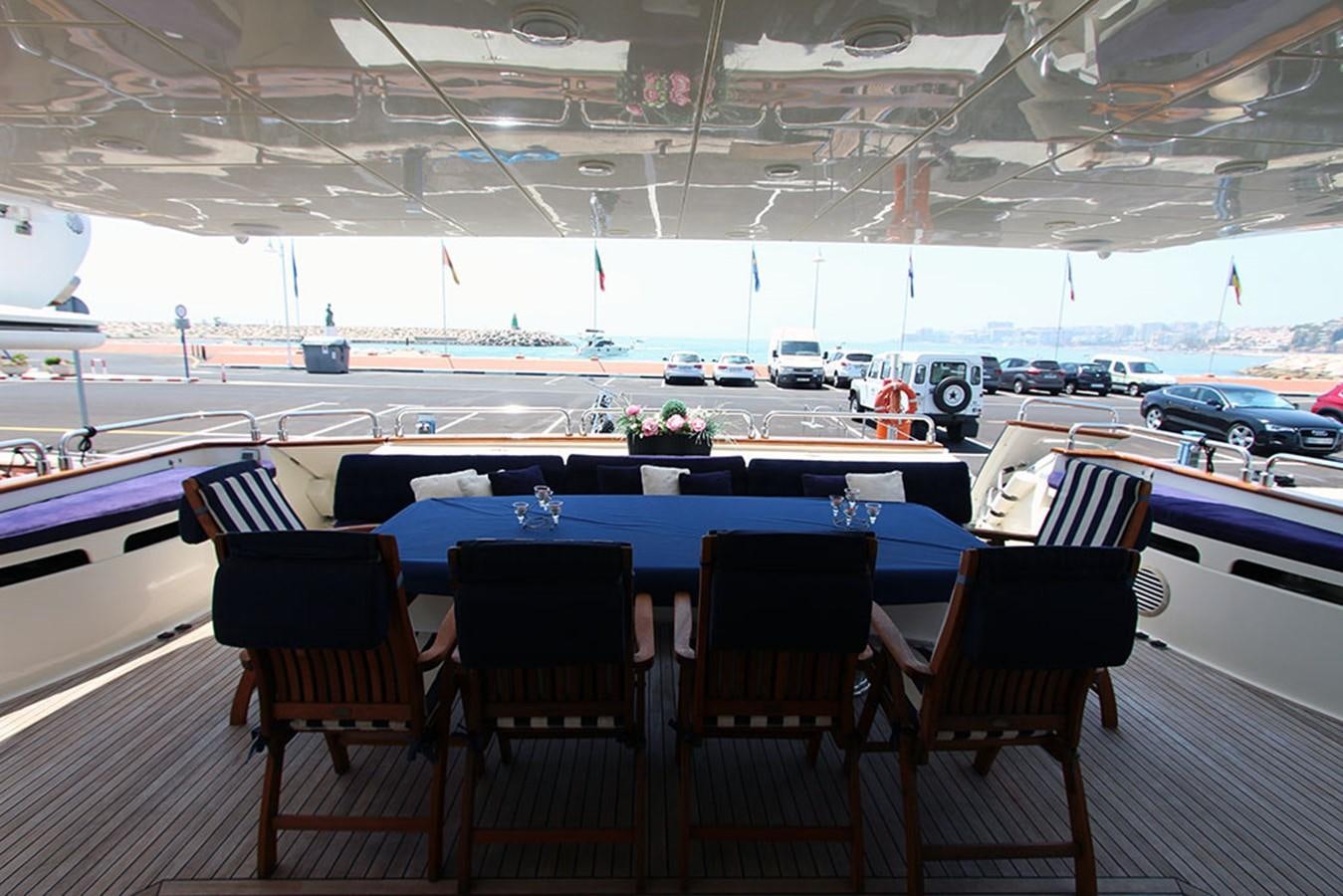 a pool table and chairs in a room with a large window aboard MARIA JOSE Yacht for Sale