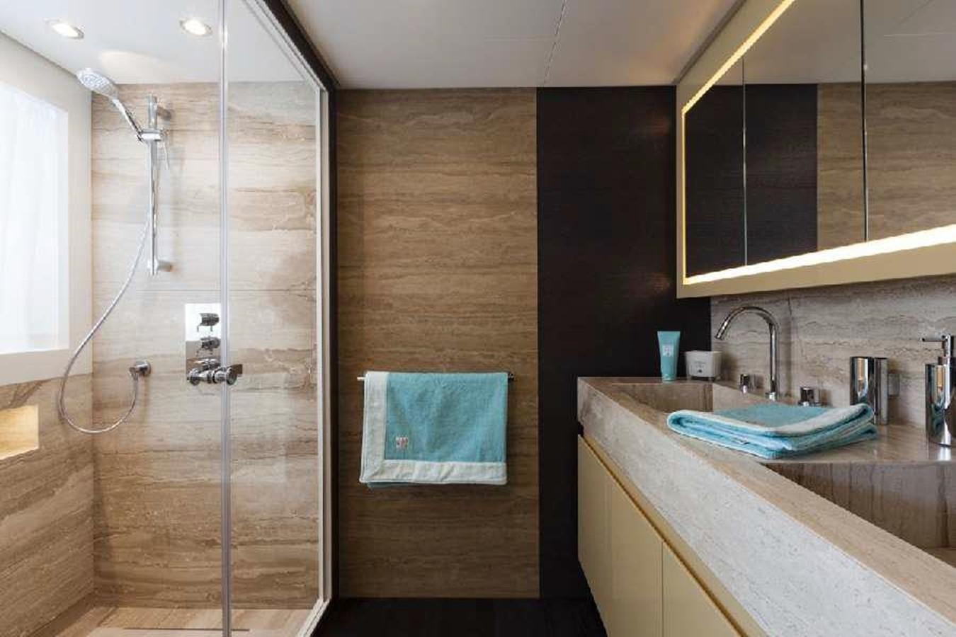 a bathroom with a shower unit and sink aboard FRANCESCA Yacht for Sale