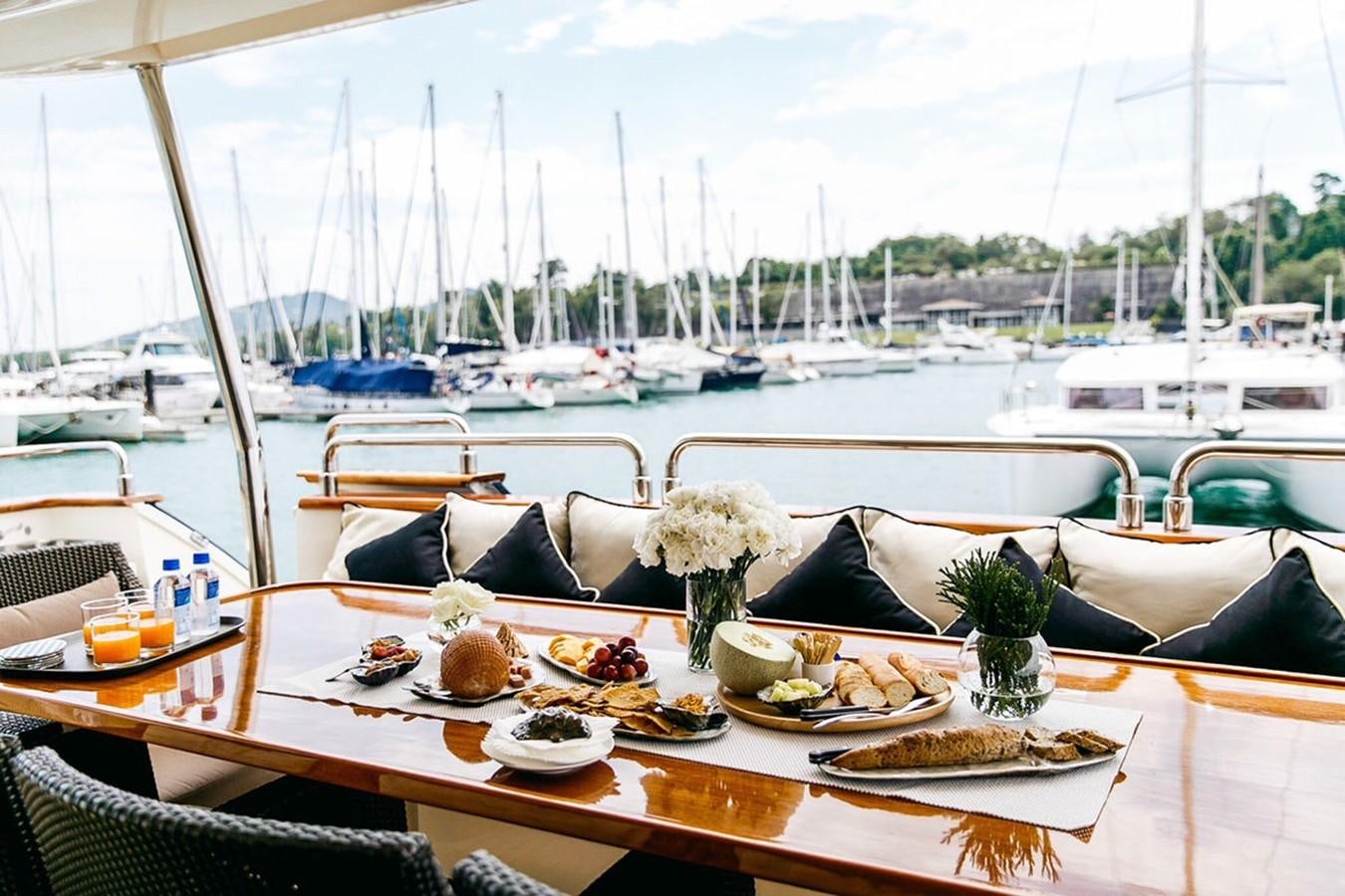 a table with food on it aboard FOR YOUR EYES ONLY Yacht for Sale