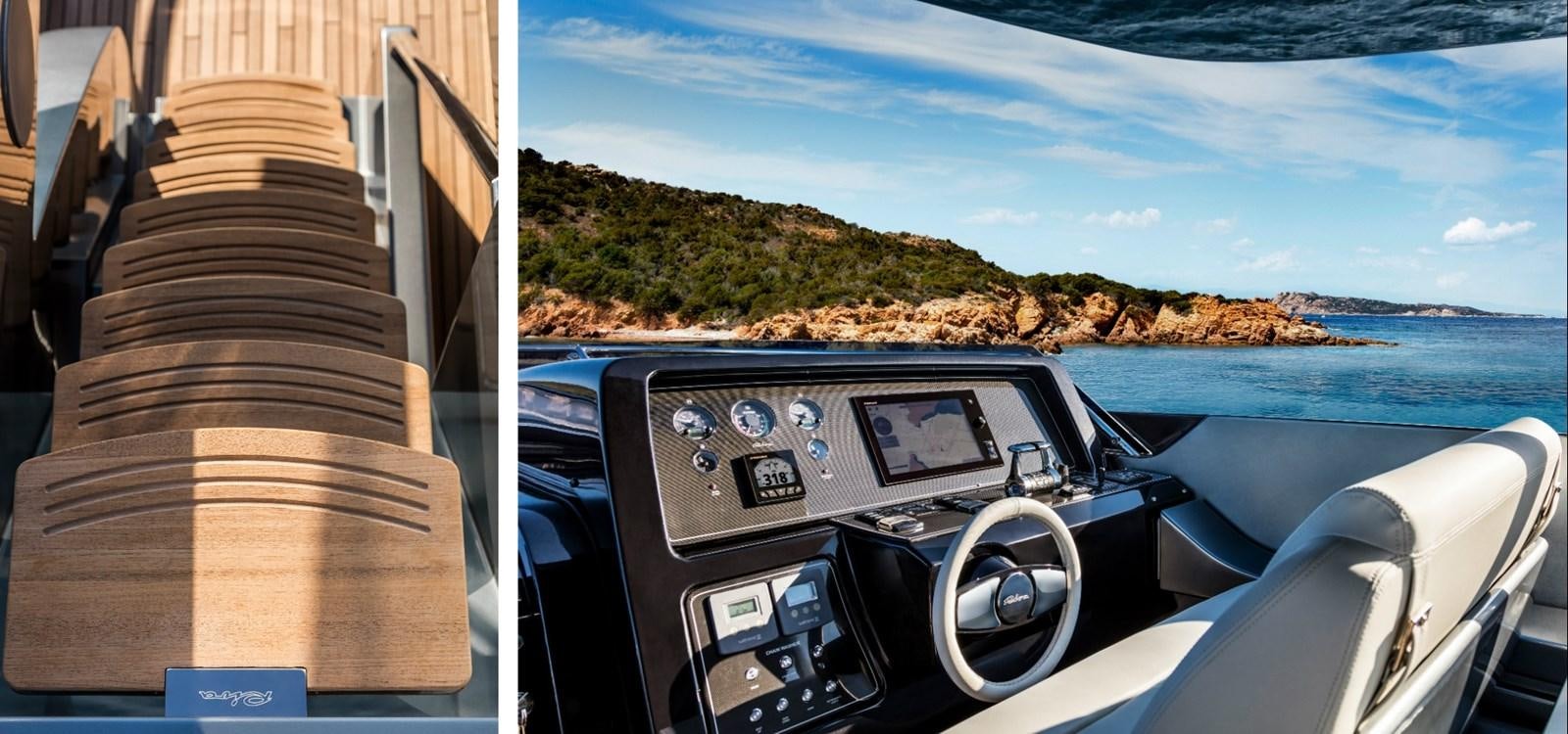 a car on a road with a staircase and water aboard BESO Yacht for Sale