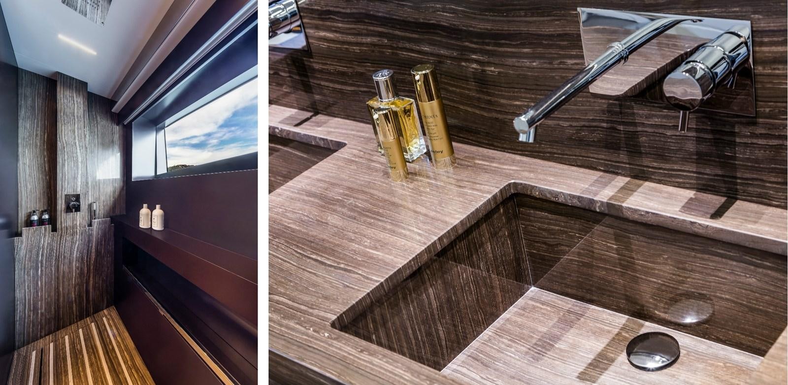 a wood floor with a wood floor and a wood slat with a gold cross on it and aboard BESO Yacht for Sale