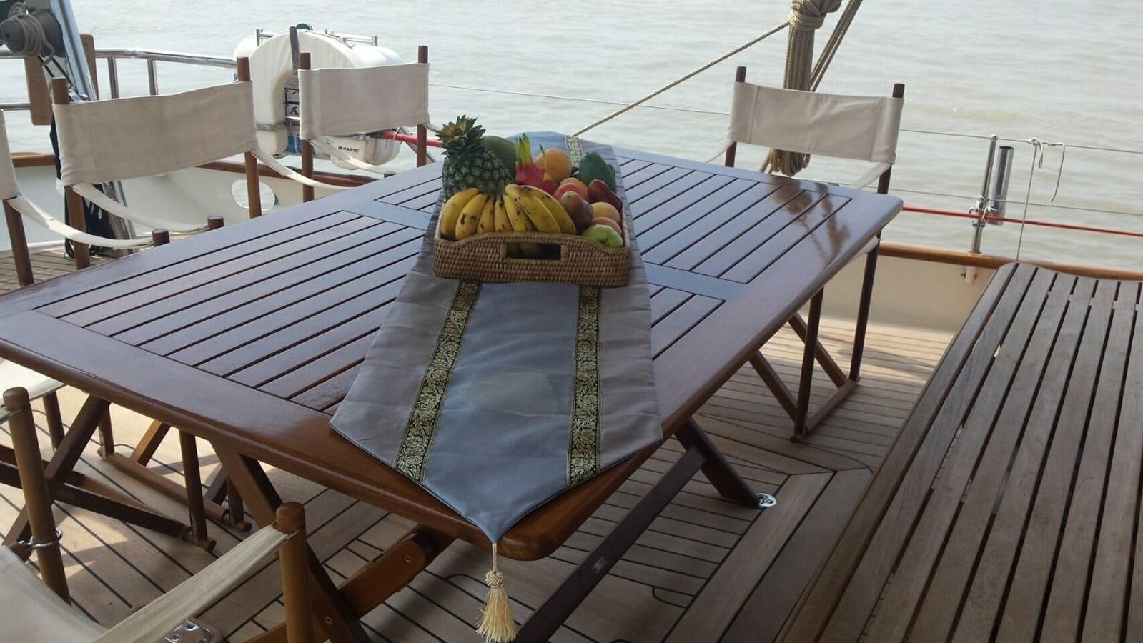 a basket of fruits on a table aboard DALLINGHOO Yacht for Sale