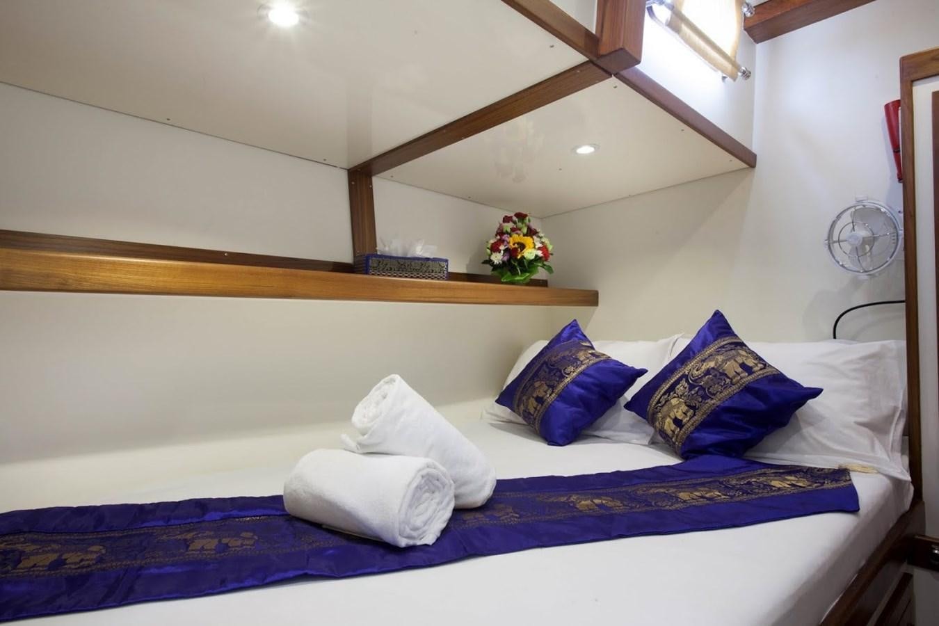 a bed with blue sheets and pillows aboard DALLINGHOO Yacht for Sale