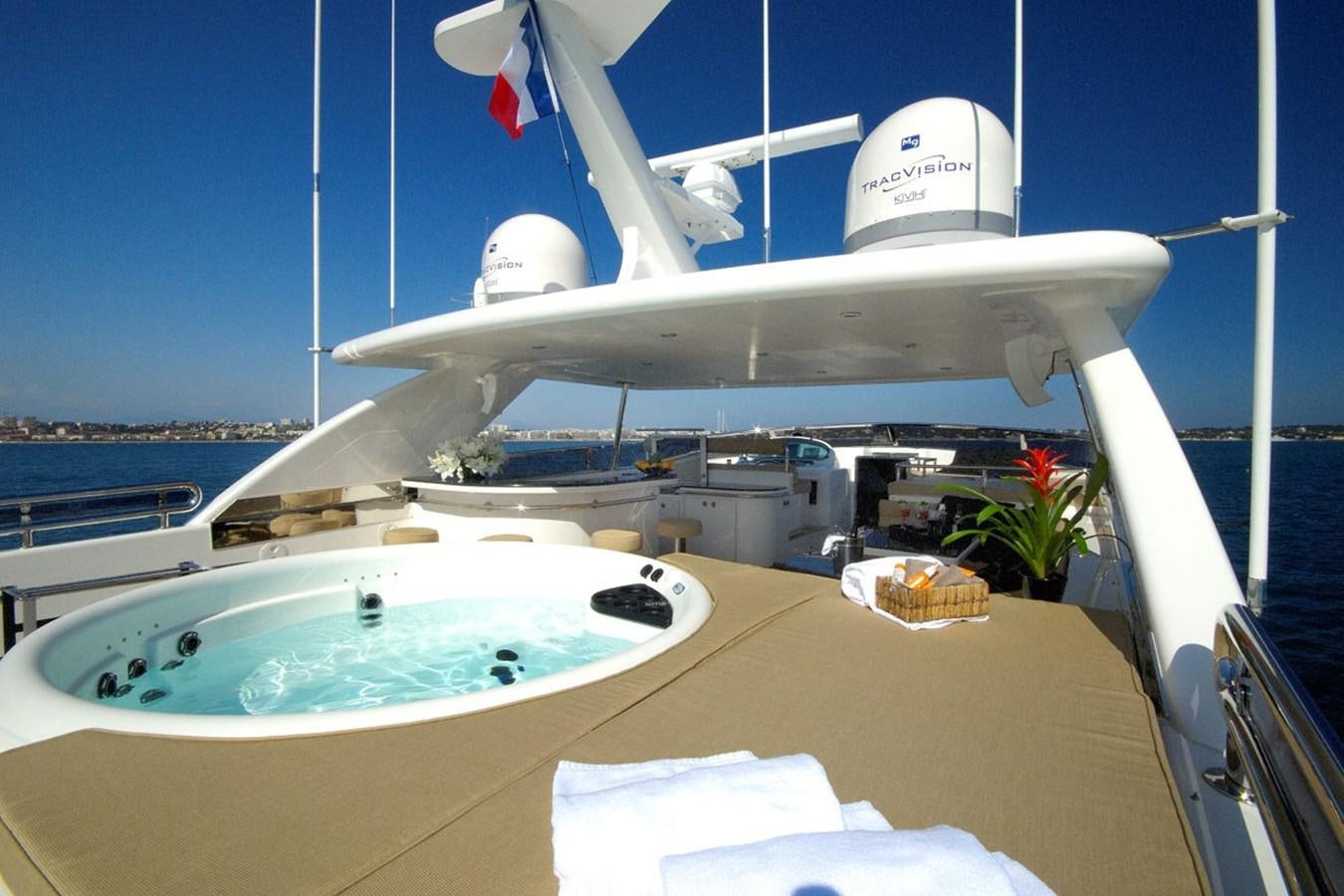 a large white satellite dish on a boat aboard TRIPLE 888 EIGHT Yacht for Sale