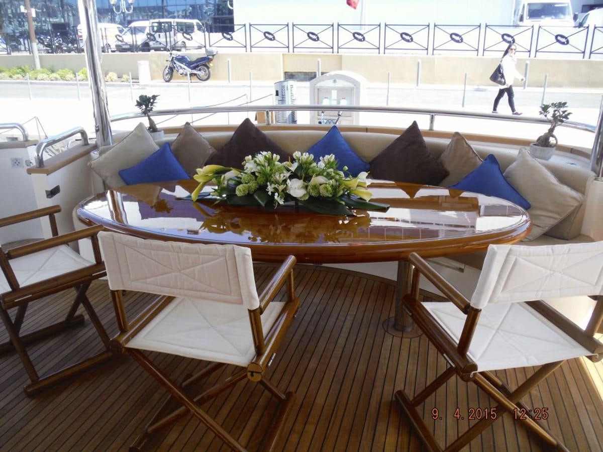 a table with a plate of food on it aboard TRIPLE 888 EIGHT Yacht for Sale