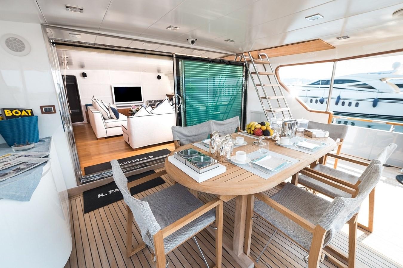 a room with a table chairs and a window aboard PAOLUCCI Yacht for Sale