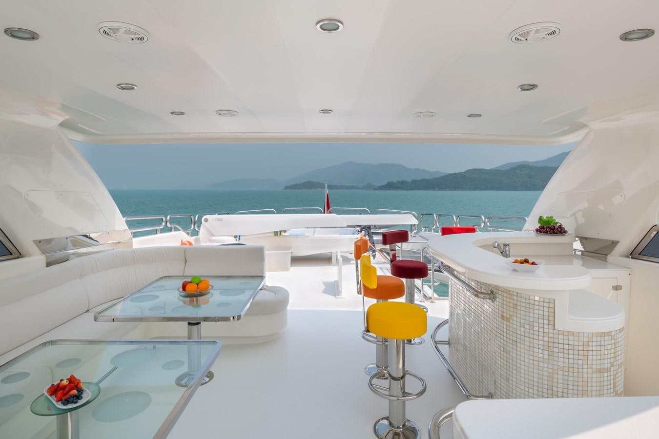a room with a table chairs and a view of the ocean aboard VICTORIOUS Yacht for Charter