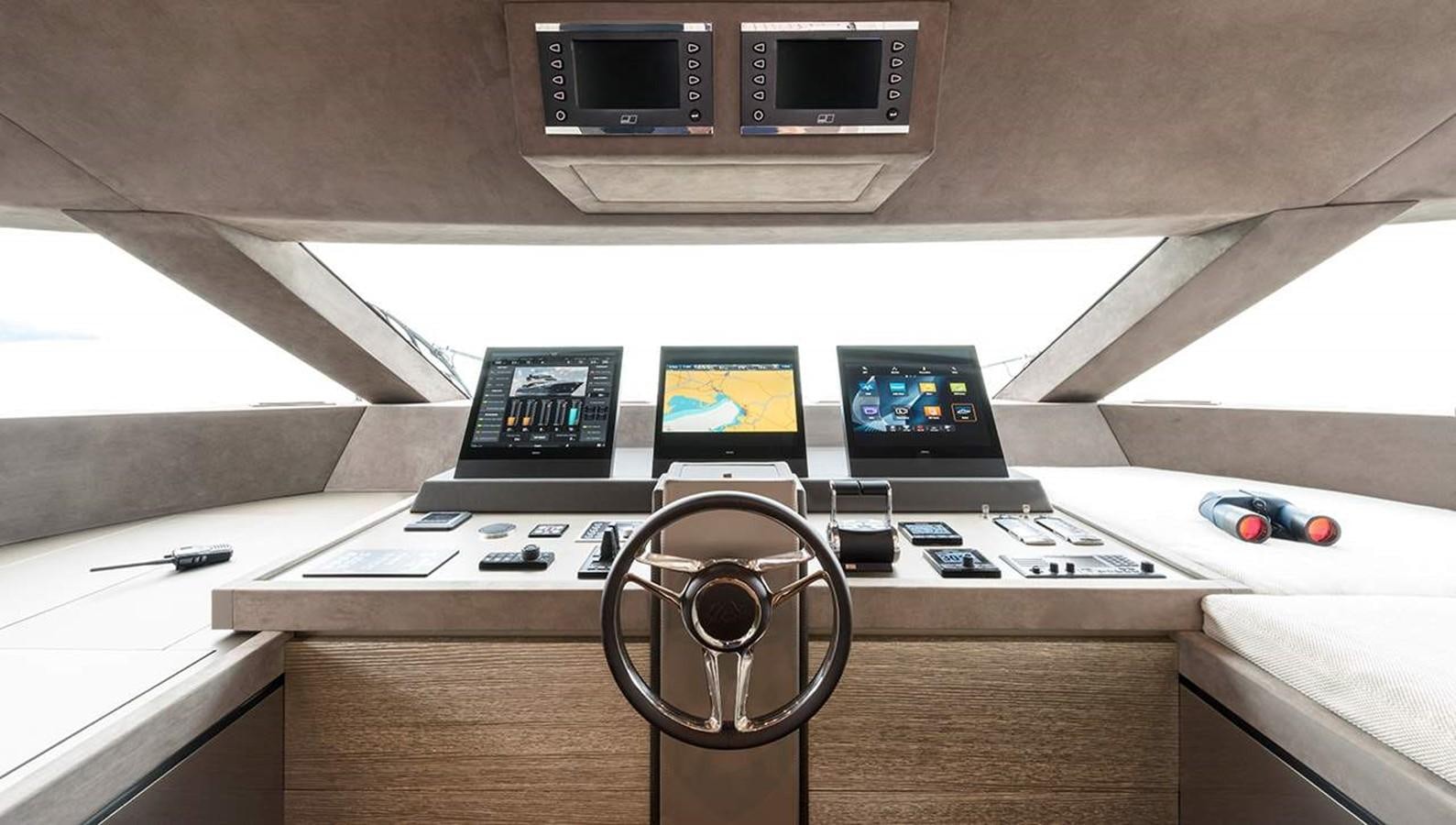 a desk with computers and a television aboard MONTE CARLO YACHTS MCY 96 Yacht for Sale