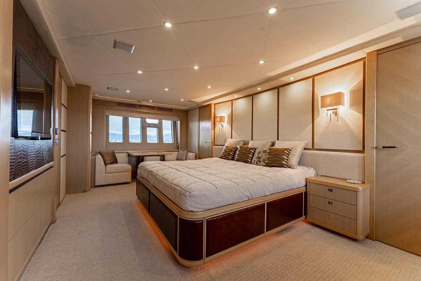 a large bedroom with a bed aboard BLUE EYES Yacht for Sale