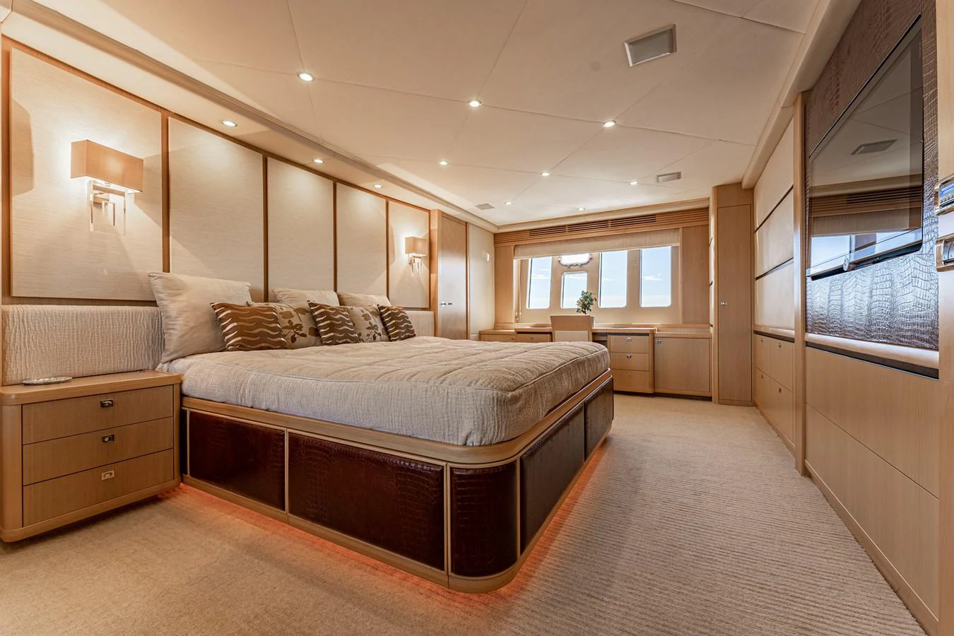 a large bedroom with a large bed aboard BLUE EYES Yacht for Sale