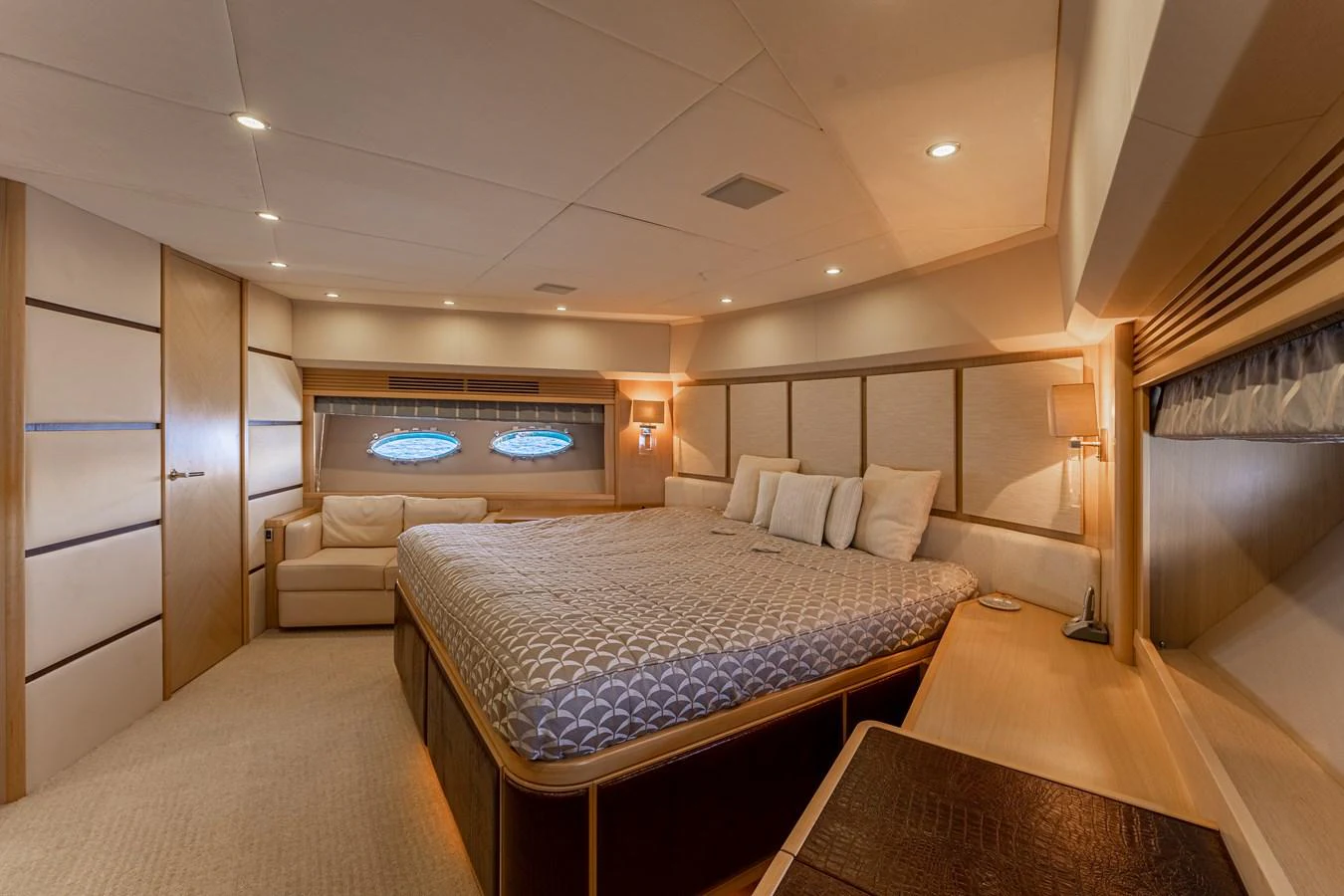 a large bedroom with a large bed aboard BLUE EYES Yacht for Sale