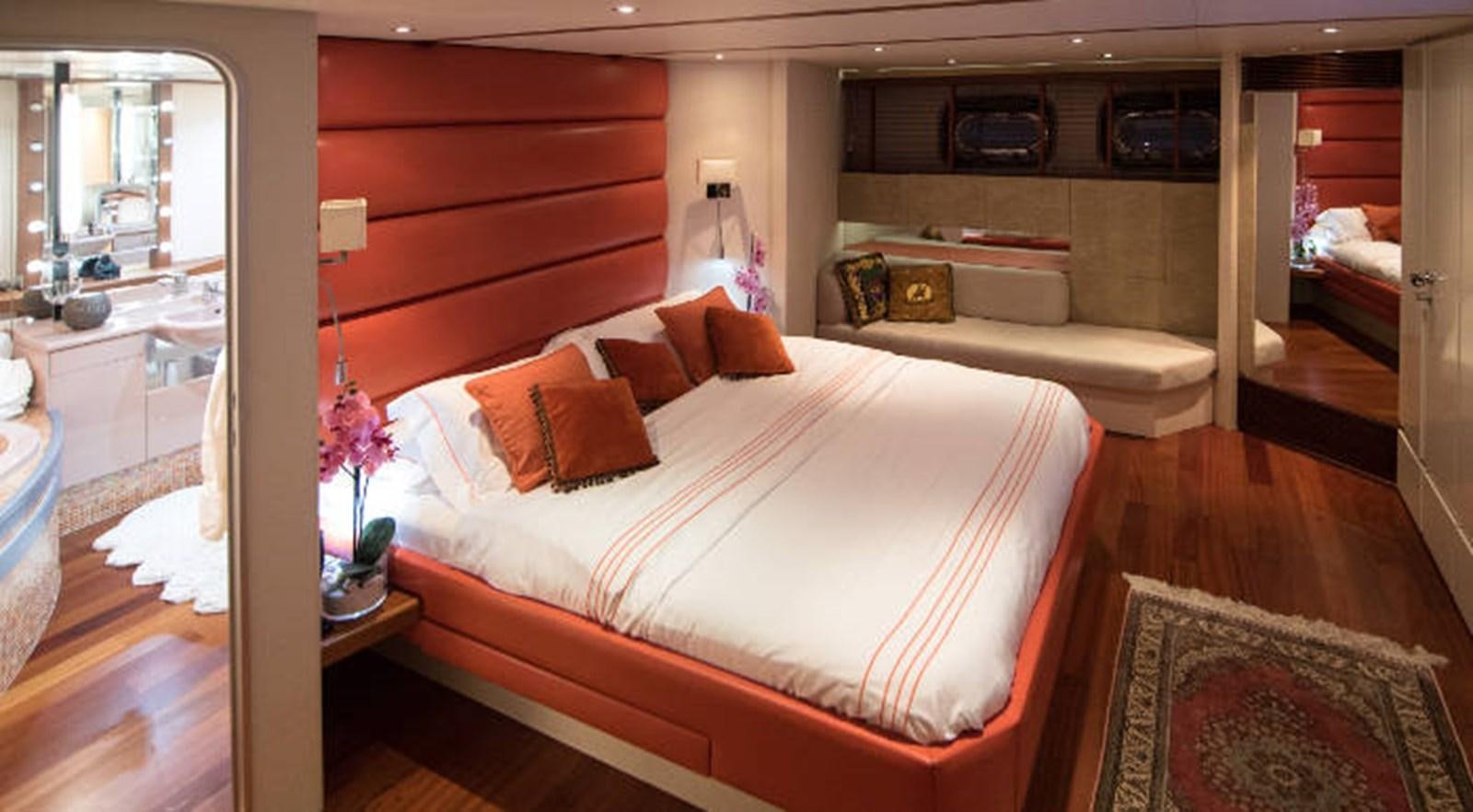 a bedroom with a bed and a television on the wall aboard HEARTBEAT OF LIFE Yacht for Sale