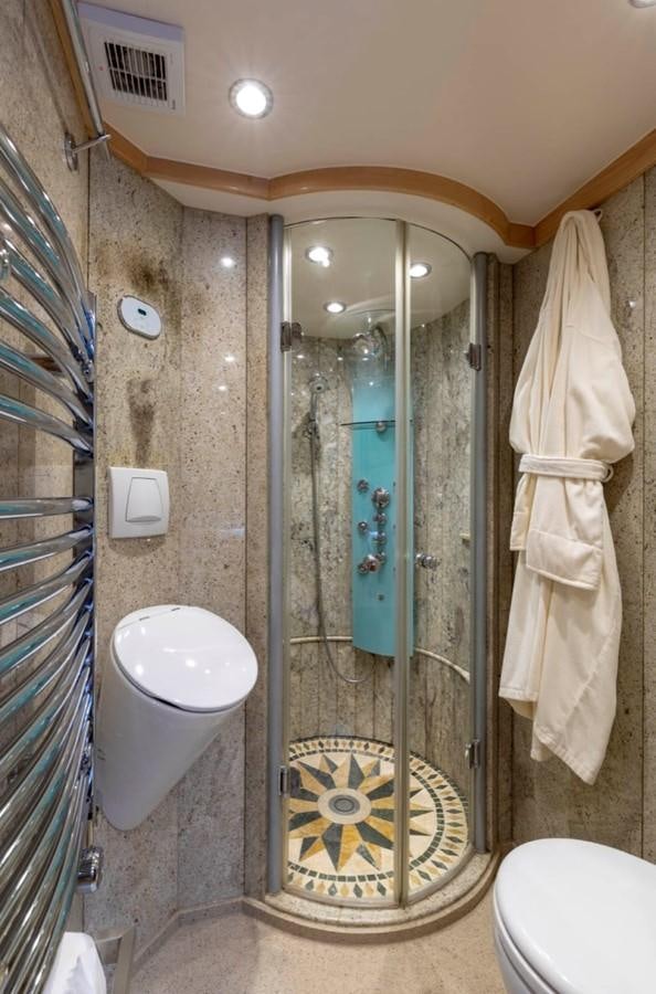 a bathroom with a shower unit aboard DE VROUWE CHRISTINA Yacht for Sale