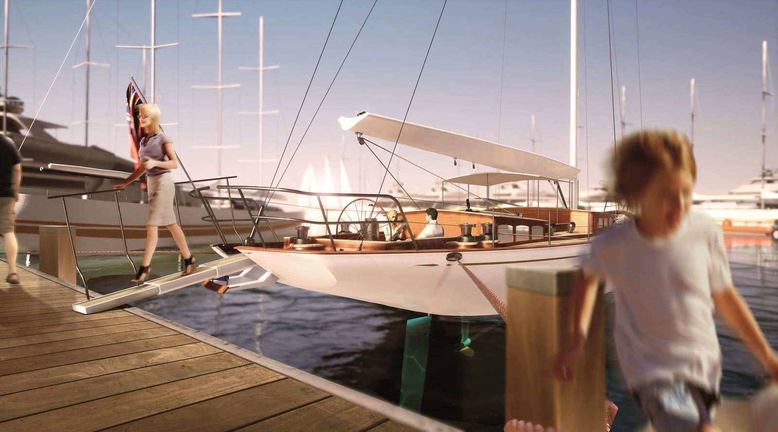 a person walking on a boat aboard TC 90 HULL # 4 Yacht for Sale