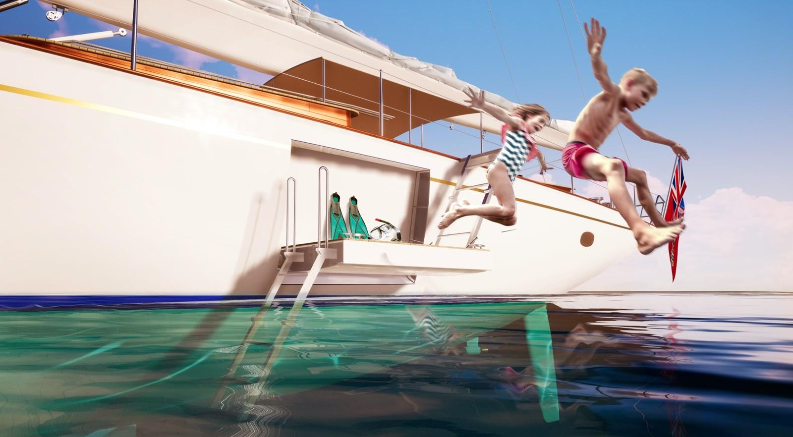 two men jumping off a diving board aboard TC 90 HULL # 4 Yacht for Sale