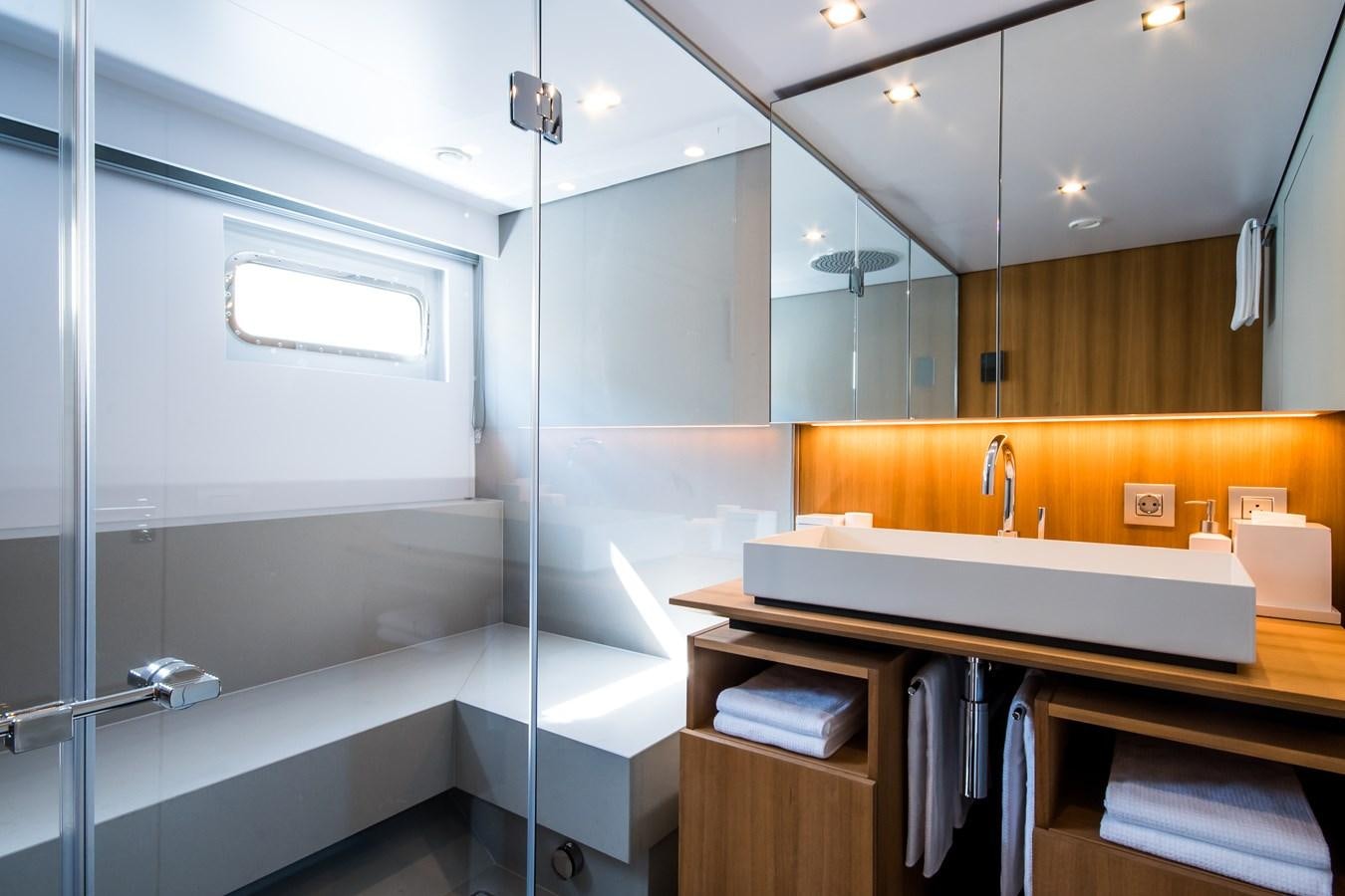 a bathroom with a shower and sink aboard YXT 27 Yacht for Sale